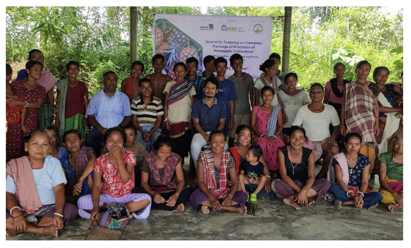 Farmers and Sewa International team members at a Pineapple Cultivation Livelihood Program session